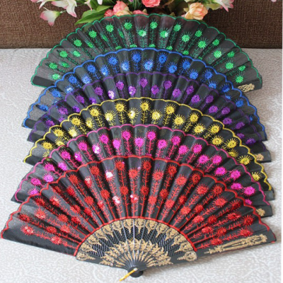 Plastic lace hand fan with embroidery peacock design